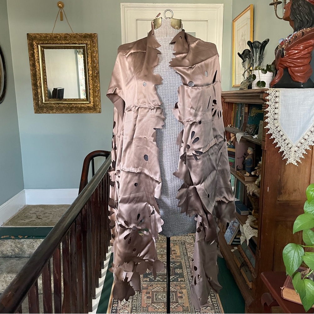 CHERRY CHAU PARIS Laser Cut Perforated Gray Silk Satin Scarf or Shawl
